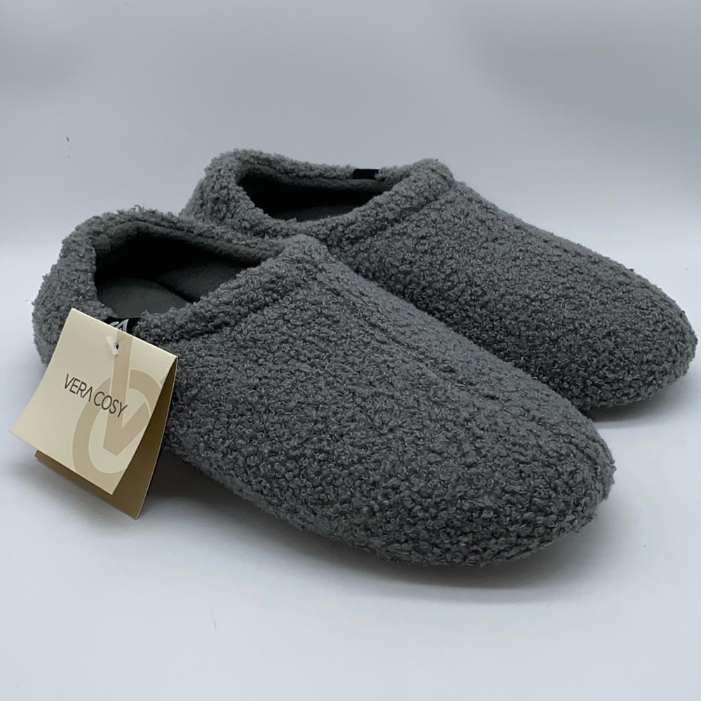 Vera Cosy Woman's Grey Fuzzy Memory Foam Slippers Polar Fleece Lining Size 10.5